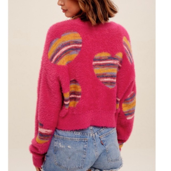 Just In// Fuzzy Heart Rainbow Magenta Semi Crop Sweater - Picture 2 of 15